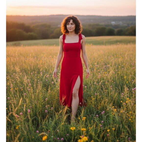 NWT Reformation Twilight in Cherry Red Side Slit Georgette Midi Tank Dress 0 - Picture 1 of 8